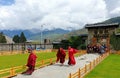 Monks and pilgrims at the Thimphu Chorten Buddhist Memorial Complex Royalty Free Stock Photo