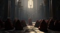 Monks praying in a cathedral created with Generative AI. Religious prayer in a big church. Royalty Free Stock Photo