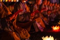 Monks praying at night on Vesak day for celebrating Buddha`s birthday in Eastern culture