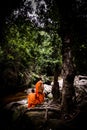 Monks sitting near stream/waterfalls in the jungle