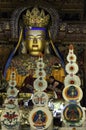 Monks stand before a Golden Buddha statue in Pelkor Chode Monastery in Tibet