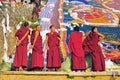 Monks at Tibetan Sho Dun Festival celebrated in Lhasa Royalty Free Stock Photo