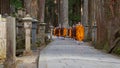 Monks walking on the 2 km long path with ancient tombs in the Okunoin cemetery