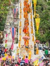 Monks walking from mountain top temple in Tak Bat Devo Festival Royalty Free Stock Photo