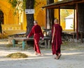 Monks walking at the pagoda in Bagan, Myanmar Royalty Free Stock Photo