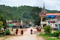 Monks walking on streets of Kalaw, Myanmar. Royalty Free Stock Photo