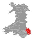 Monmouthshire red highlighted in map of Wales