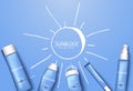 Mono-color blue trendy illustration, sun-protection cosmetics packaging design template. Sunscreen and sunblock cream, spray, milk