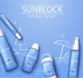 Mono-color blue trendy illustration, sun-protection cosmetics packaging design template. Sunscreen and sunblock cream, spray, milk