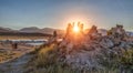 Mono Lake panorama with tufa rocks at sunset, California, USA