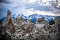 Mono Lake tufa towers formations with the snowcapped Sierra Nevada mountains in the background Royalty Free Stock Photo