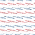 Mono print style narrow leaves seamless vector pattern background. Blue red white backdrop of parallel rows of lino cut
