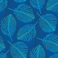 Mono print style scattered leaves seamless vector pattern background. Cobalt blue layered lino cut effect skeleton leaf Royalty Free Stock Photo