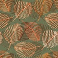 Mono print style scattered leaves seamless vector pattern background. Ochre sage green layered lino cut effect skeleton Royalty Free Stock Photo