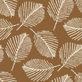 Mono print style scattered leaves seamless vector pattern background. Simple lino cut effect skeleton leaf foliage on Royalty Free Stock Photo