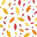 Mono print style scattered leaves seamless vector pattern background. Textured cut out yellow, red, orange foliage on