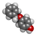 Monobenzone drug molecule. 3D rendering. Atoms are represented as spheres with conventional color coding: hydrogen white, carbon