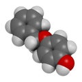 Monobenzone drug molecule. 3D rendering. Atoms are represented as spheres with conventional color coding: hydrogen white, carbon