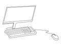 Monoblock computer with keyboard and computer mouse. Office equipment. Vector illustration, continuous line drawing Royalty Free Stock Photo
