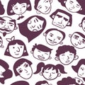 Monochome seamless head pattern. Man, woman, boy, girl, old, caucasian, arabic, asian faces with different emotions