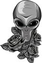 monochromatic Alien head and red roses flowers. Royalty Free Stock Photo