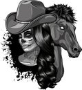 monochromatic beautiful cowgirl wearing cowboy hat and horse head