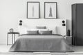 Monochromatic bedroom interior with posters Royalty Free Stock Photo