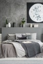 Monochromatic bedroom interior in shades of grey with many cushi