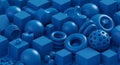 Monochromatic Blue Geometry Assemblage Exhibiting Complex Spatial Relationships Royalty Free Stock Photo