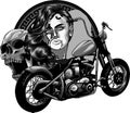 monochromatic chopper motorcycle with skull and woman head Royalty Free Stock Photo