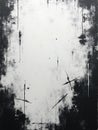 A old composition features sporadic black splatters and specks against a muted gray background, creating an abstract aesthetic