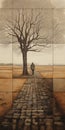 Monochromatic Composition: A Large-scale Painting Of A Person Walking Next To A Tree