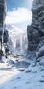 Monochromatic Contemplation: Unreal Engine Rendered Cold Snow Covered Land With Waterfalls