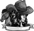 monochromatic cowgirl woman wearing cowboy hat and with wild mustang horse head vector Royalty Free Stock Photo