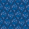 Monochromatic Dark Indigo Blue Abstract Tulips in a Narrow Ogee Shape design creating a seamless pattern print