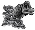 monochromatic dinosaur and roses frame. vector design. Concept art drawing.