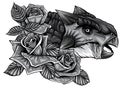 monochromatic dinosaur and roses frame. vector design. Concept art drawing.