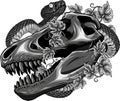 monochromatic dinosaur skull with snake and leaves