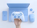 Monochromatic Gaming Setup with Hand Holding Controller on White Background Royalty Free Stock Photo