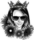 monochromatic girl in the crown and sunglasses. Vector illustration