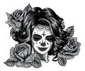 monochromatic Girl with skeleton make up hand drawn vector sketch. Santa muerte woman witch portrait stock