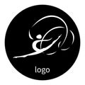 Monochromatic gymnastic logo, white girl holding tape in jump on black backgroud. Female with gymnastic tape