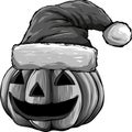monochromatic Halloween pumpkin face in santa claus hat.