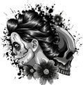 monochromatic illustration of Dead girl with skull