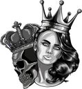 monochromatic illustration of queen with king skull