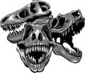 monochromatic illustration of set of skulls of dinosaur