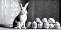 A monochromatic image of an Easter bunny sitting quietly next to Easter eggs on a rustic wooden background.