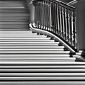 A monochromatic image of light and shadow on a staircase, creating an abstract play of depth and contrast5, Generative AI