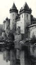 A monochromatic image of a medieval castle with tall, cylindrical towers topped by