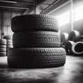 A monochromatic image of stacked tires in a well-lit warehouse, showcasing the texture and pattern of the tires.